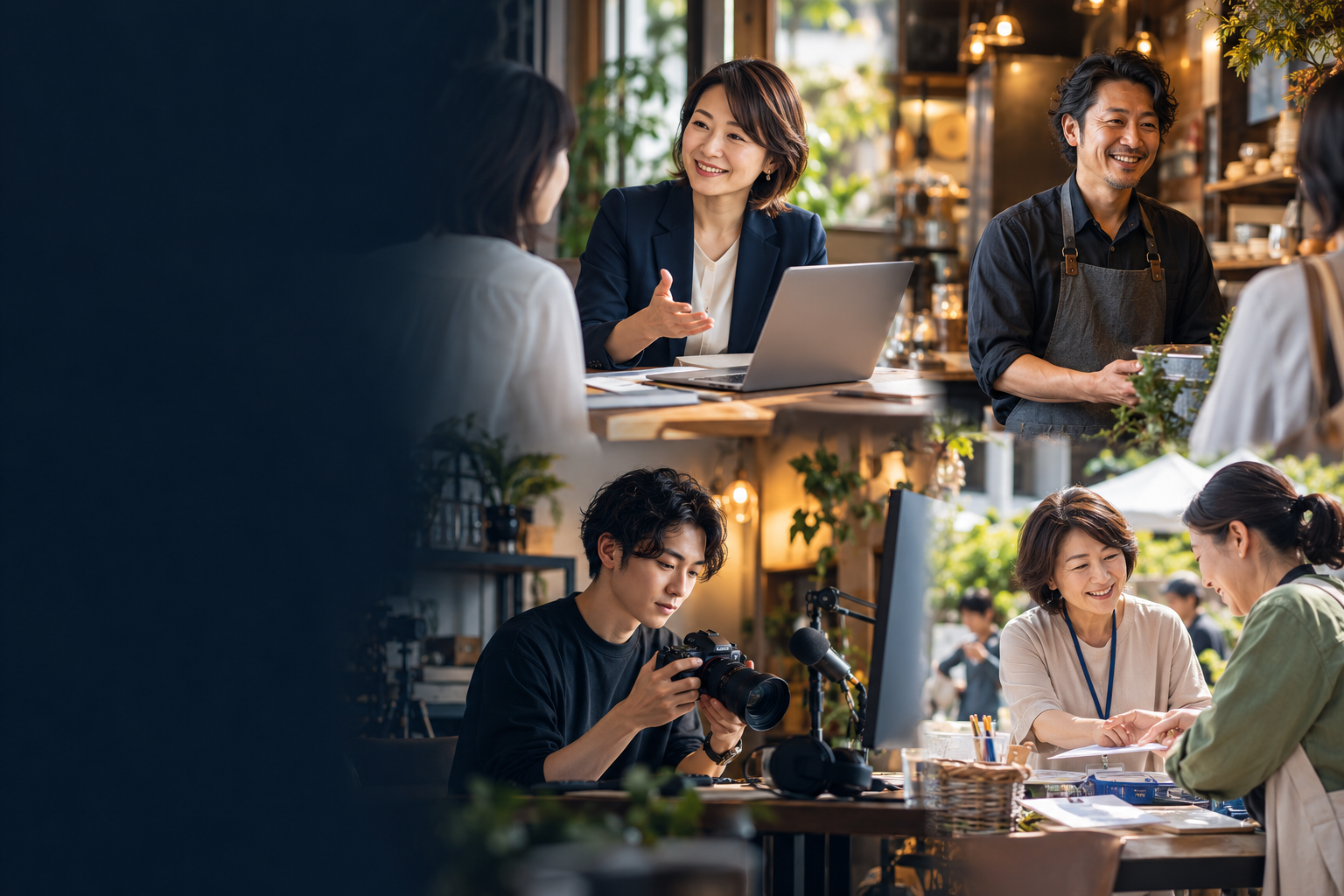 歌う人、料理をつくる人、地域で活動する人、配信する人に光が当たるイメージ