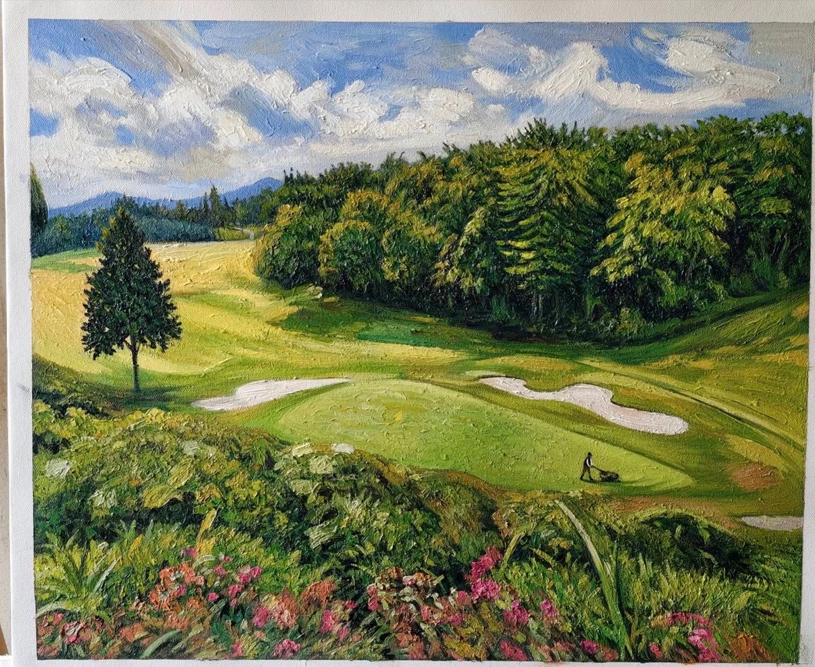 実際のご依頼で制作した、緑豊かなゴルフコースを描いた油絵