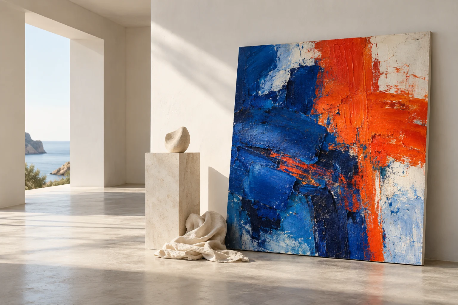 青とオレンジの抽象画を配した、暮らしとアートのイメージ