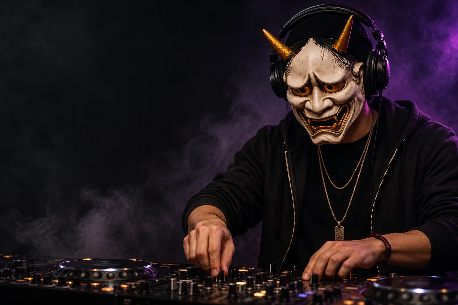 般若の面とヘッドフォンを身につけたDJ小林のアーティストビジュアル