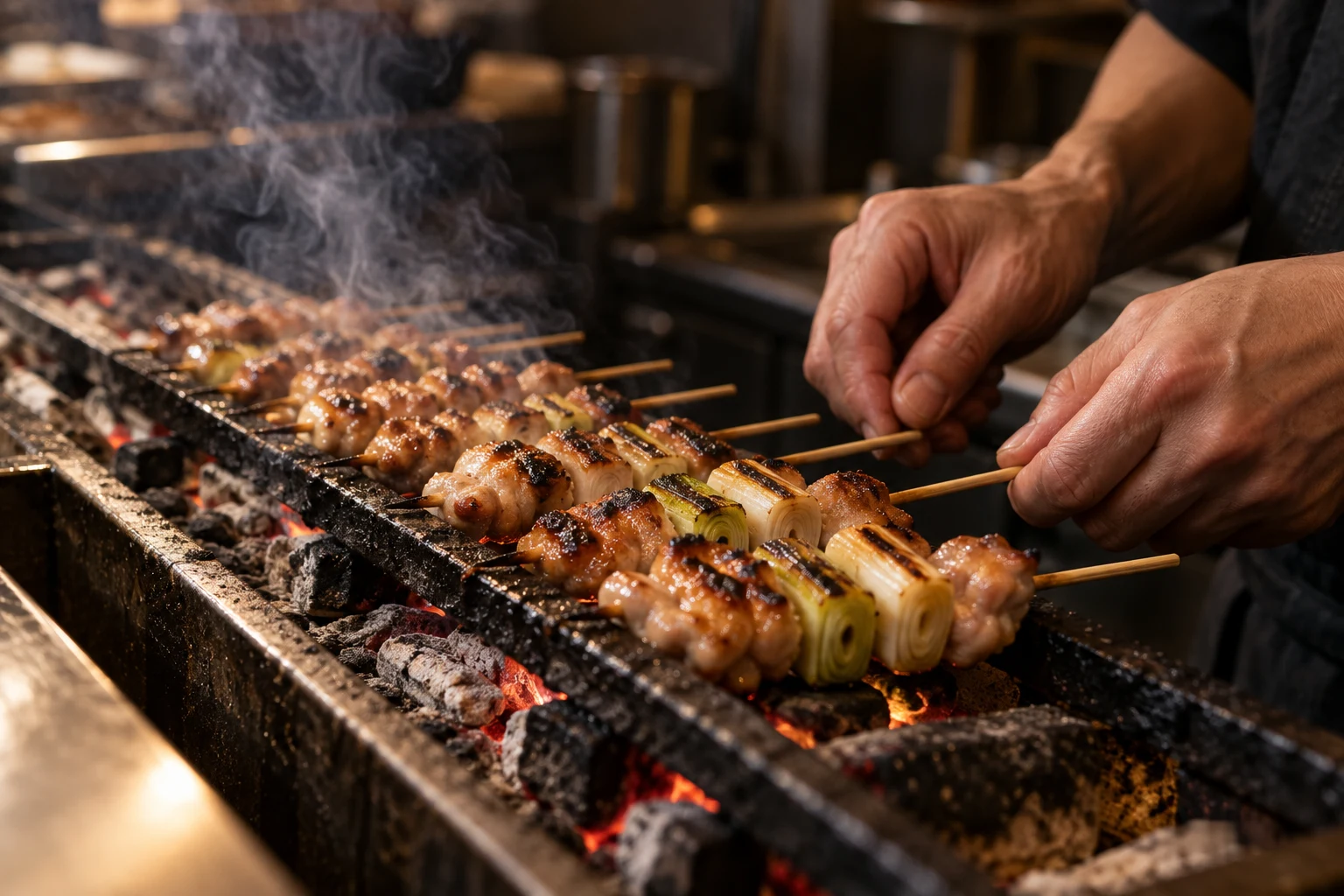 炭火で鶏肉とねぎの串を焼く調理シーンのイメージ