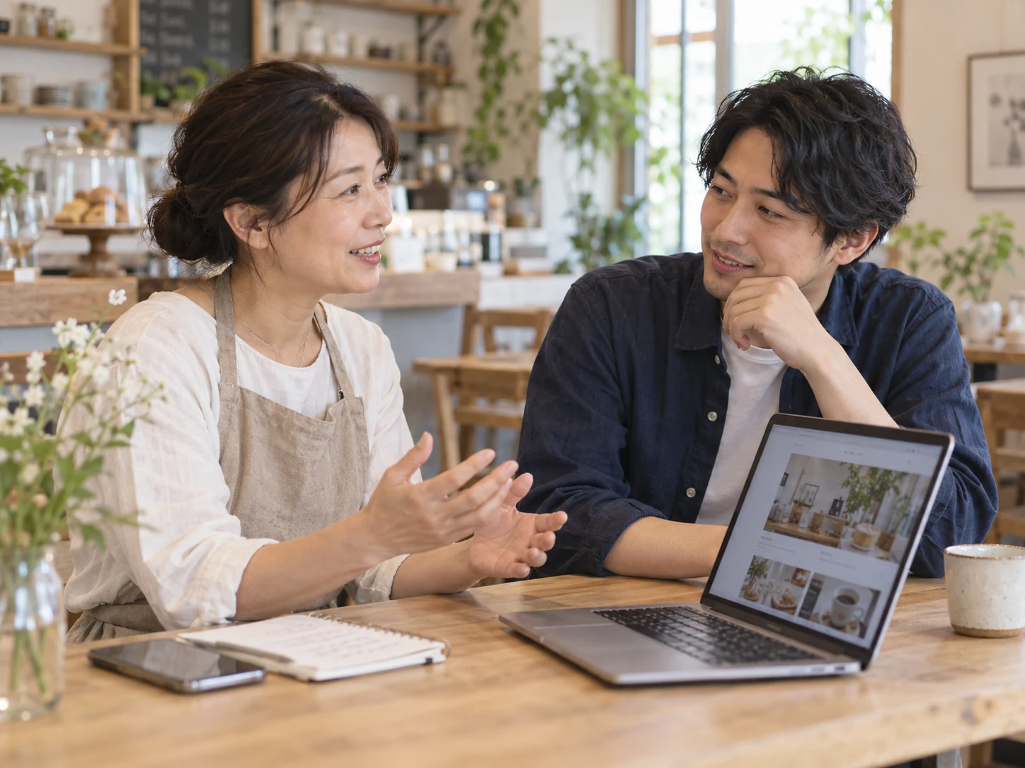 自分のお店の活動について、気軽に話をしている相談風景のイメージ