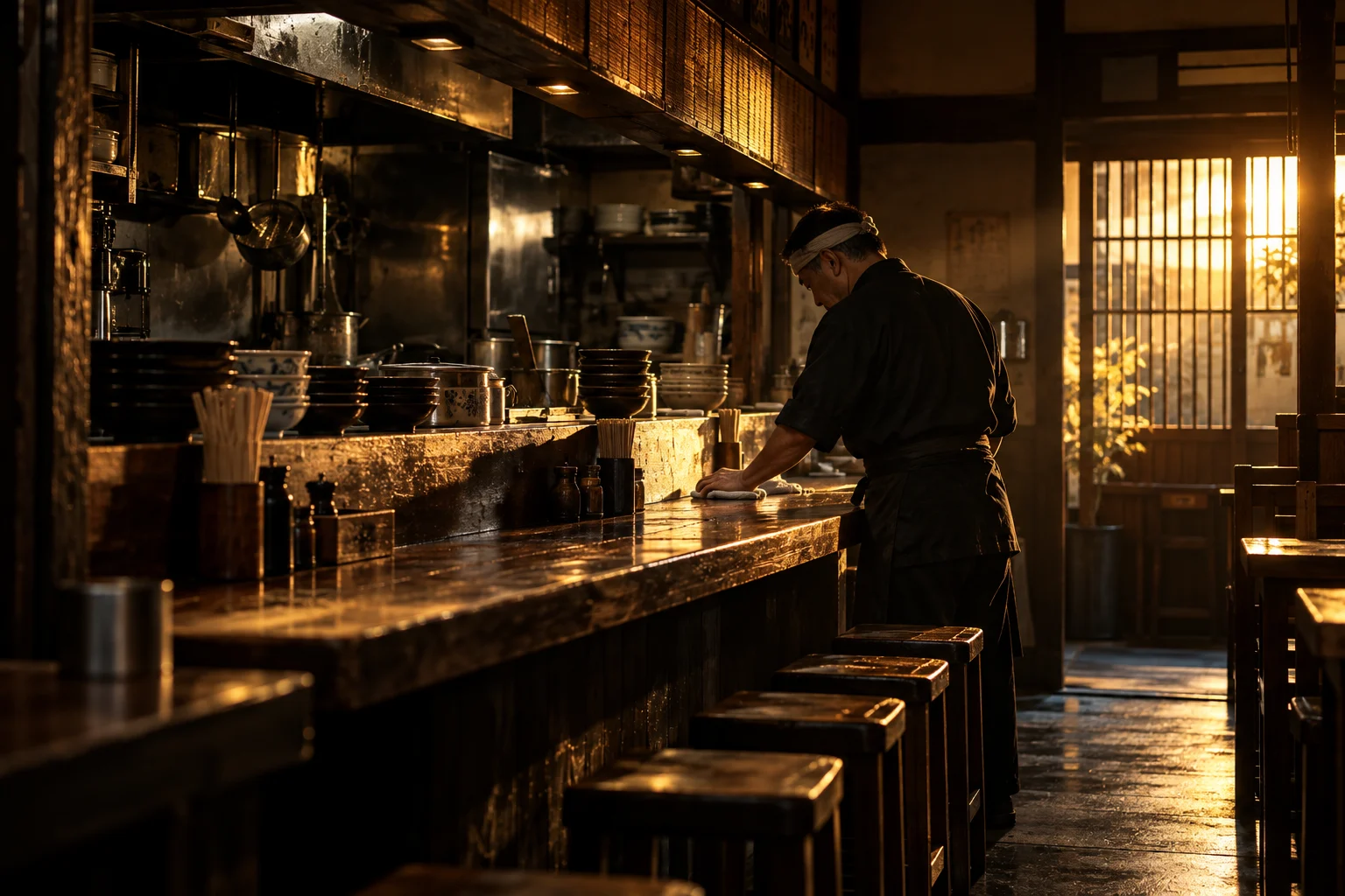閉店後の小さな飲食店でカウンターを整える店主のイメージ